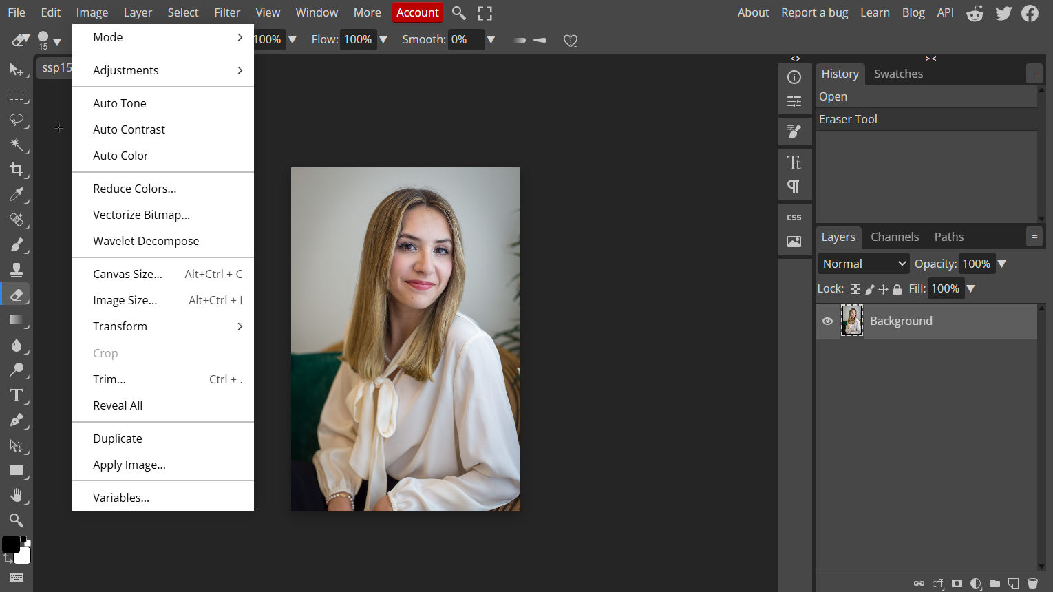 Interfejs do edycji zdjęć w Photopea