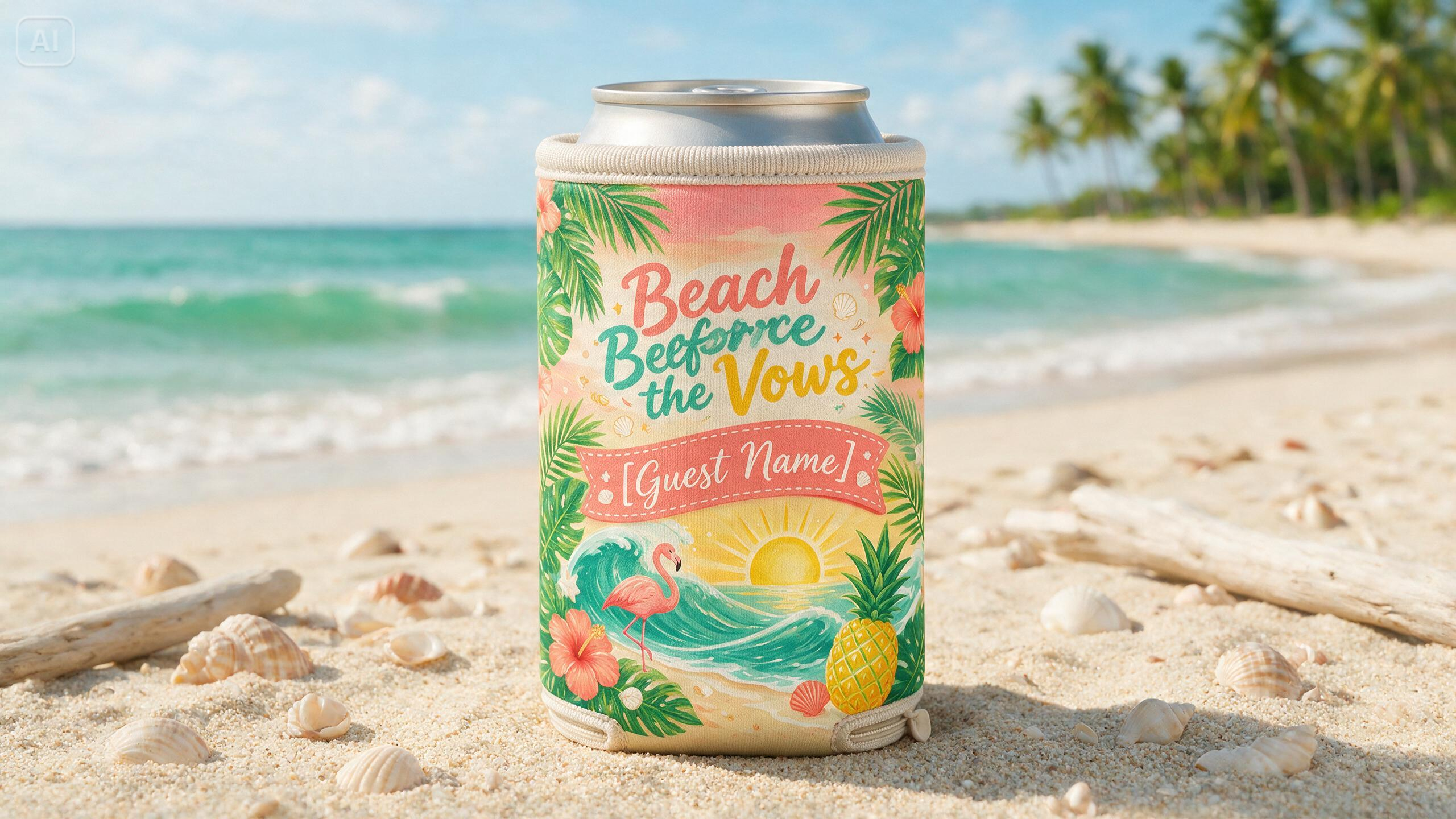 Prompt for a beach-themed bachelorette koozie for Design Custom Koozies: Add Your Name, Date, or Logo Free