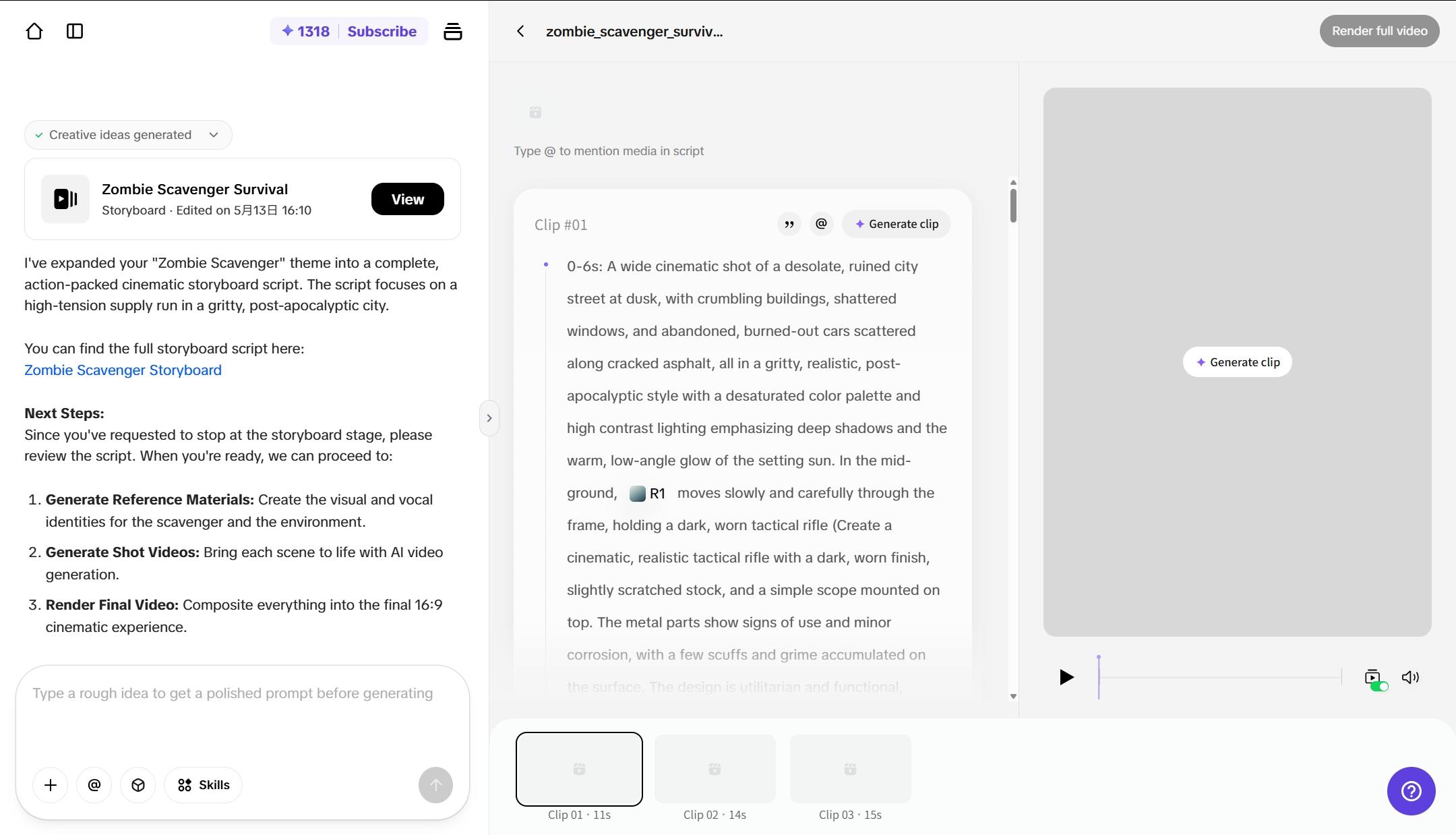Generate and improve each AI video clip