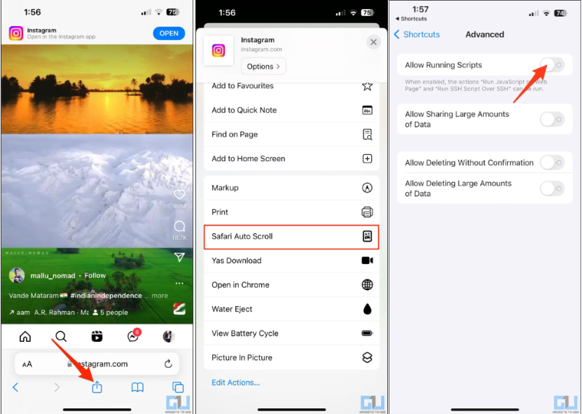 Montrant comment faire défiler automatiquement Instagram Reels dans Safari