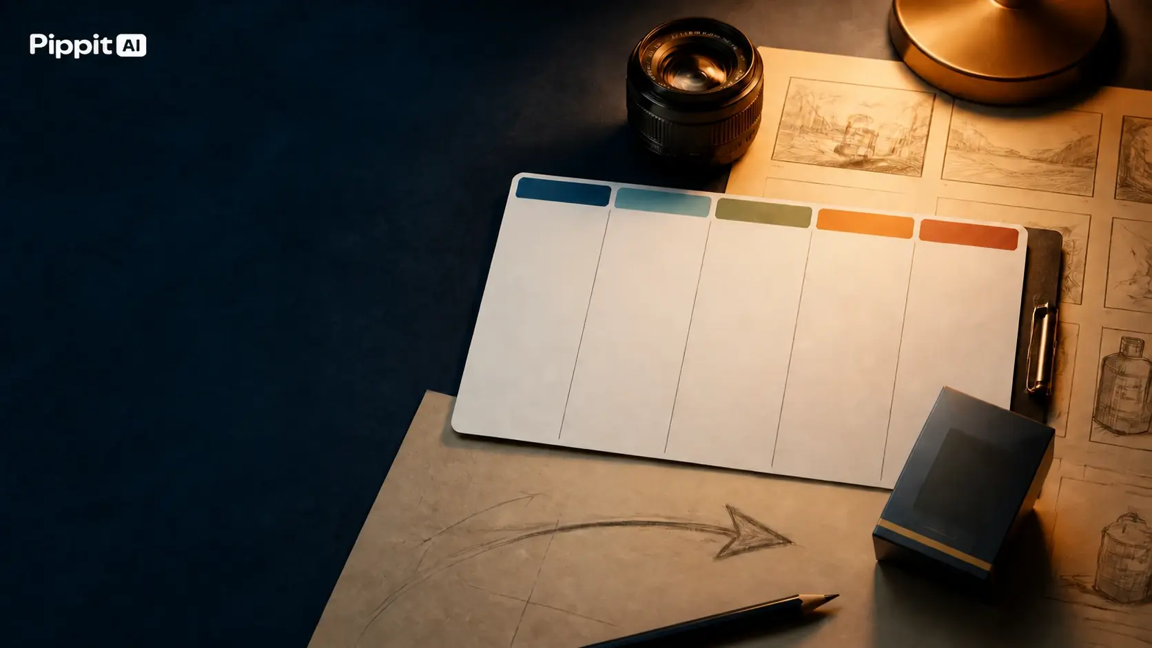 Blank storyboard sheet with camera lens, sketches, and a pencil on a desk