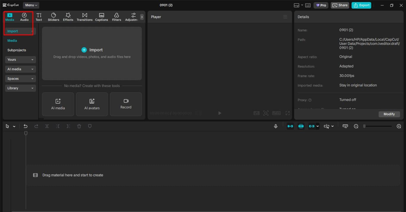Import video anda ke dalam editor video desktop CapCut