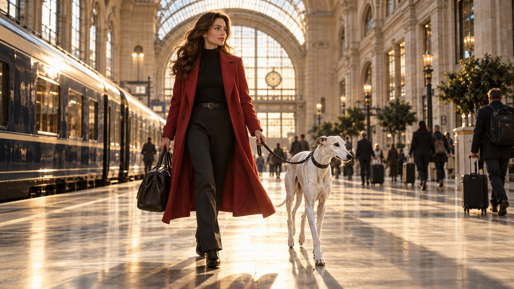 Woman and greyhound preserved across a reference-led video scene
