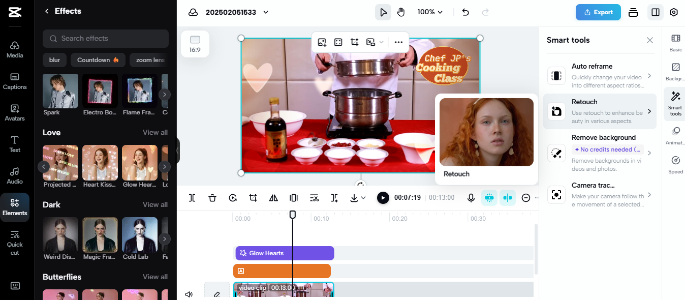 Interfaccia di editing di CapCut che mostra il coordinamento di eventi virtuali per una lezione di cucina, uno strumento eccellente per attività di nicchia