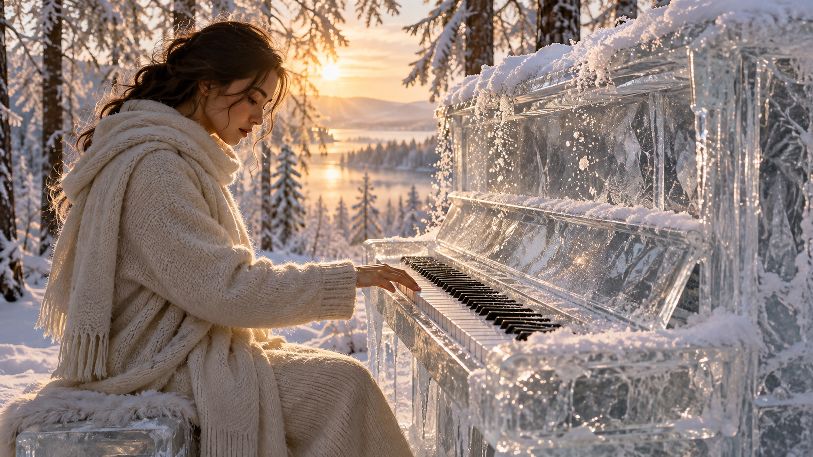 AI ice piano: Frozen Upright in a Winter Forest