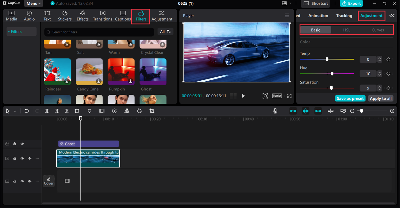 Ajuste del aspecto cinematográfico con la herramienta de gradación de color en el CapCut editor de vídeo de escritorio