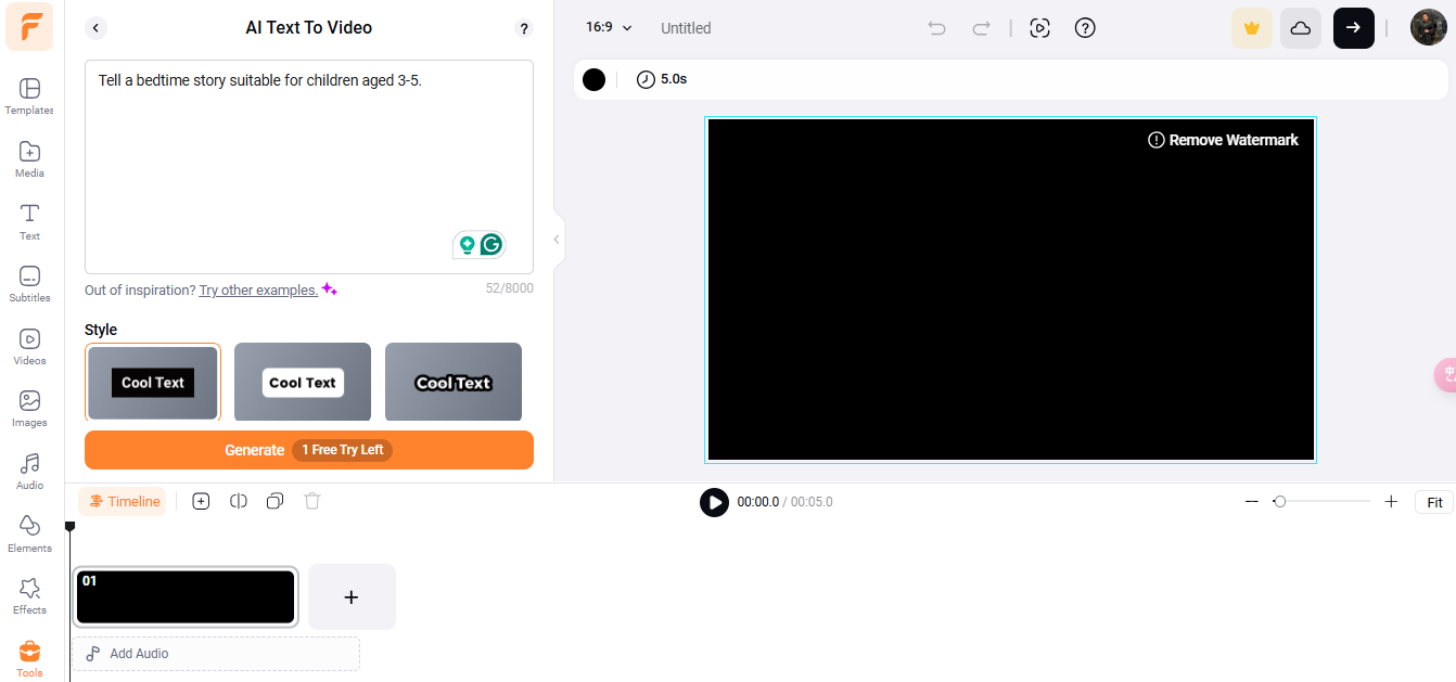 Anna kehote "AI Text To Video"