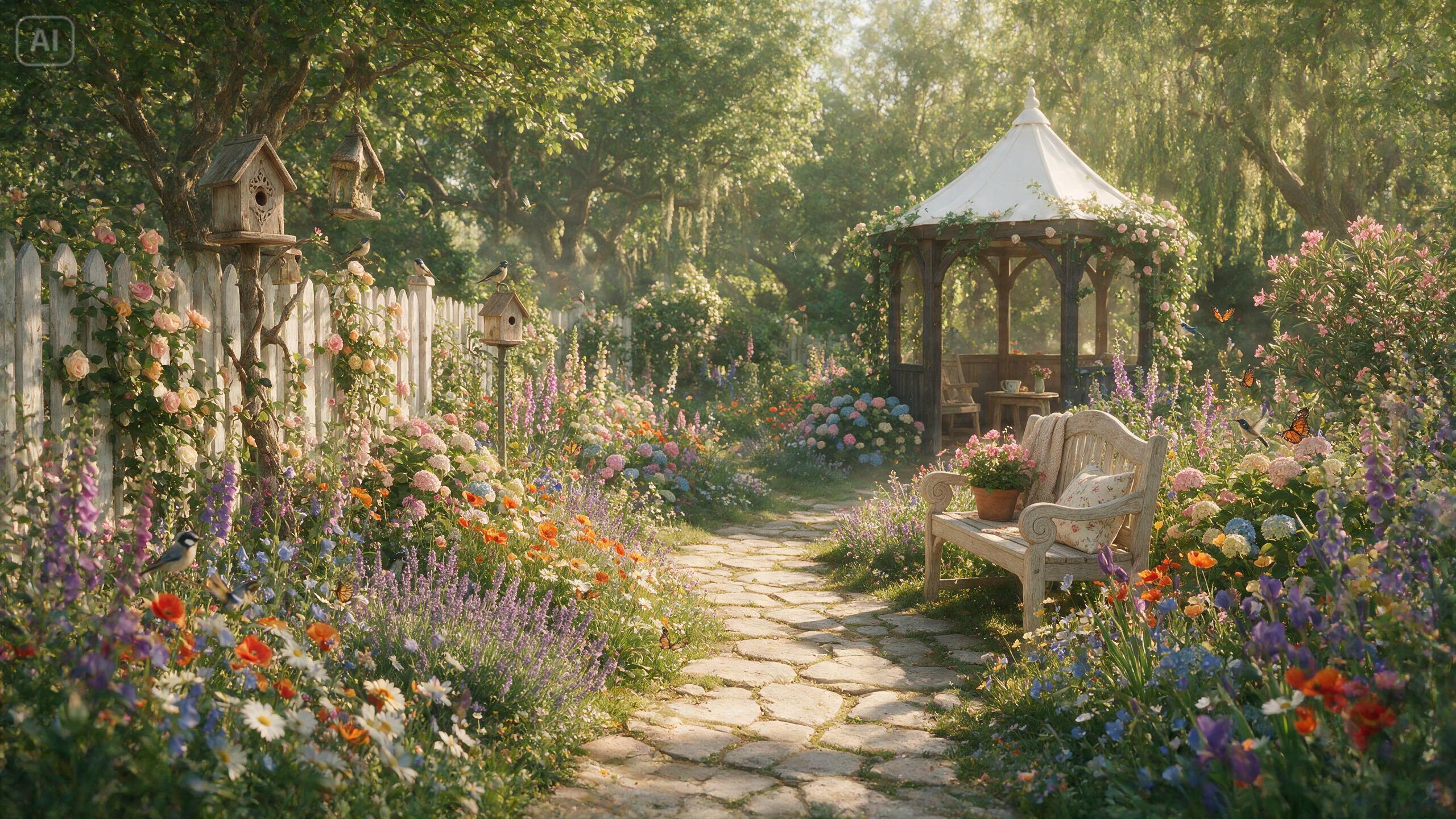 Prompt for a cozy cottage-style backyard garden for AI Backyard Design Creator: Plan Gardens, Patios, Pools, and More