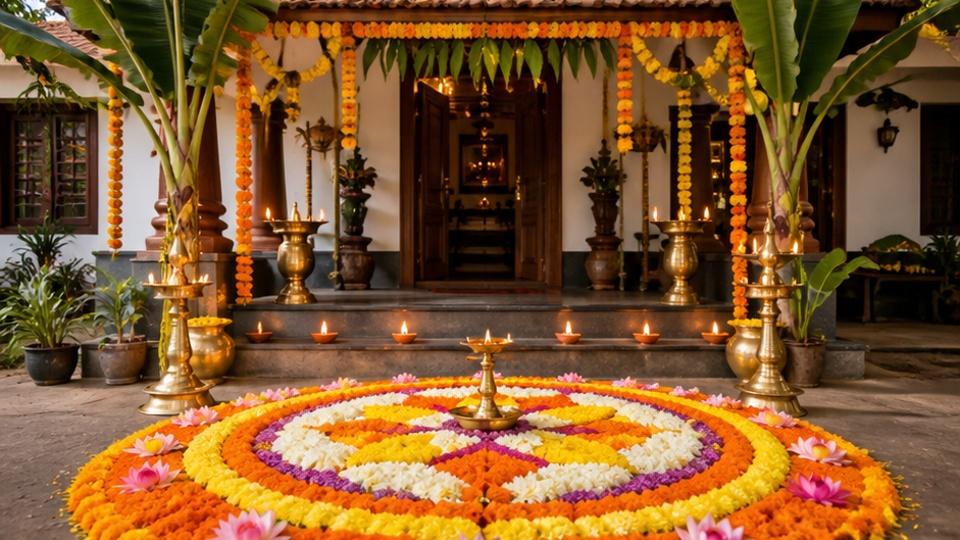 Onam Celebration CapCut Template - ein fröhliches Onam-Fest mit Pookalam-Blumen