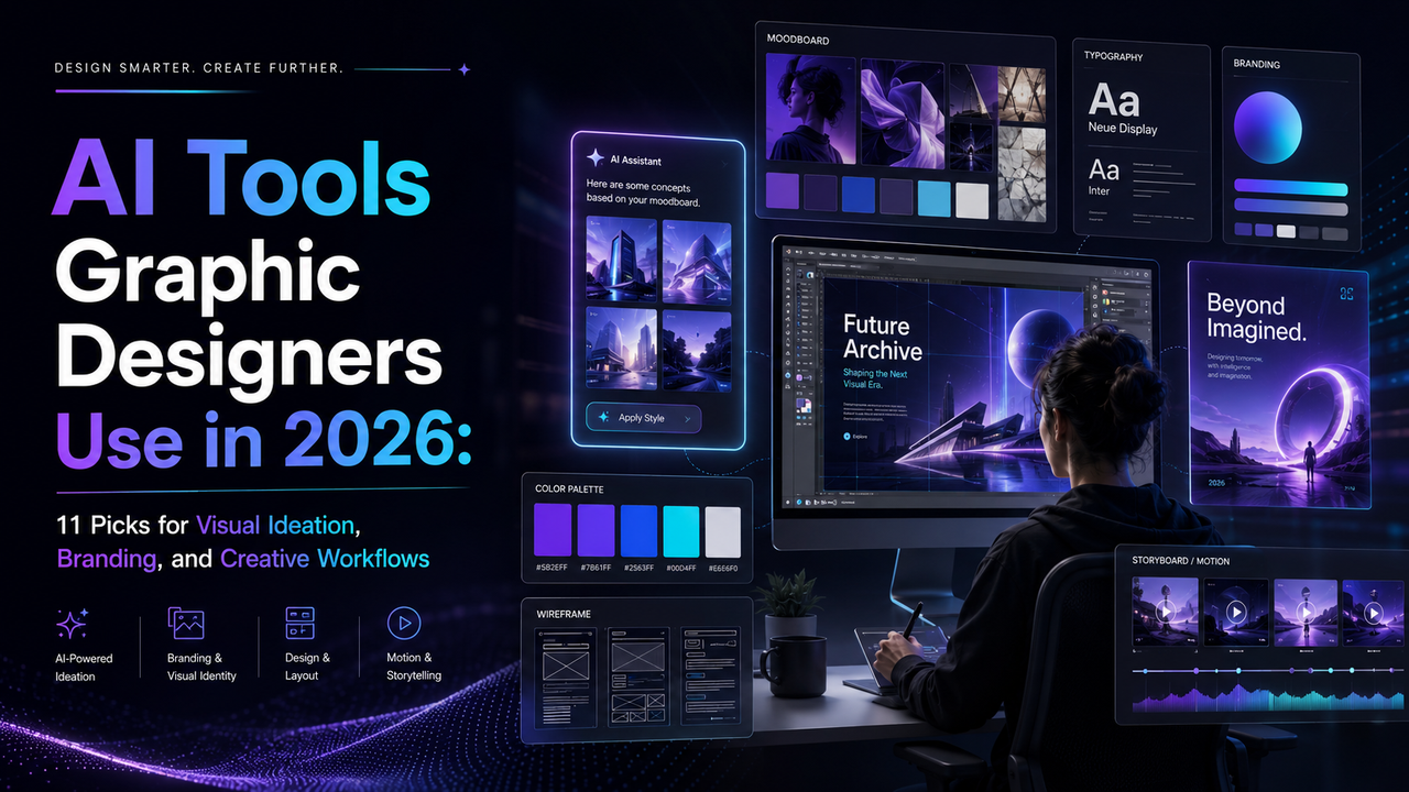 IA Ferramentas que os designers gráficos usam em 2026: 11 escolhas para fluxos de trabalho criativos, ideias visuais e marcas
