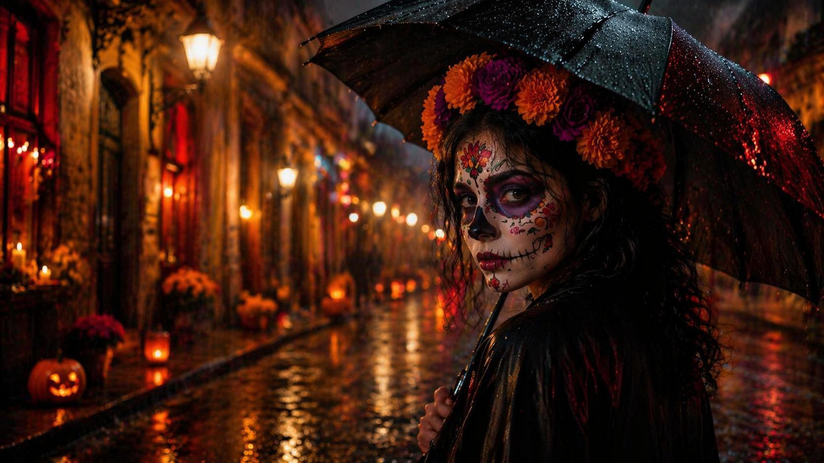 Ví dụ nhắc nhở bộ lọc trang điểm Halloween của Dreamina 4: Vẻ ngoài lấy cảm hứng từ hộp sọ đường