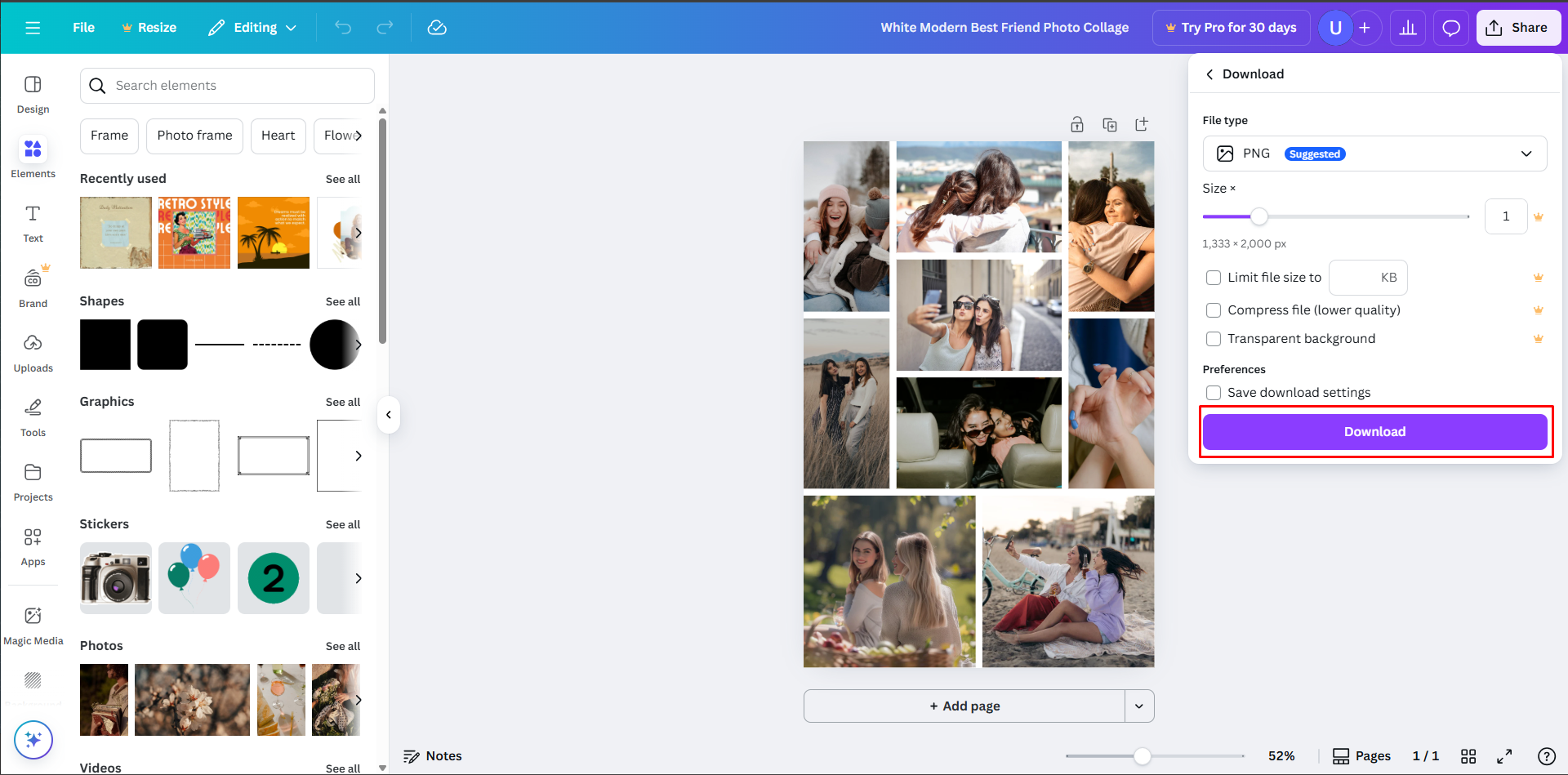Saving the photo collage from Canva