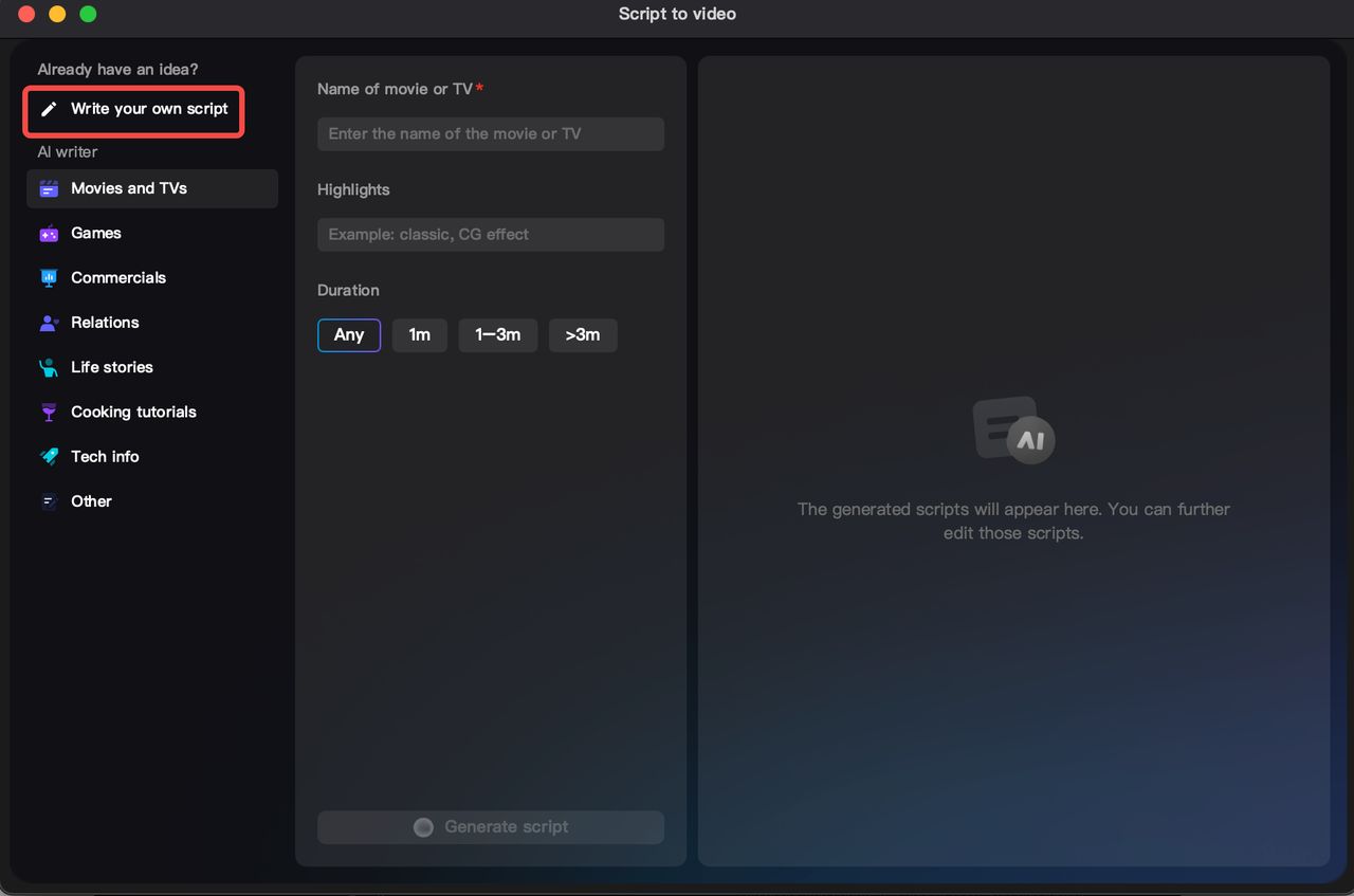 How to use AI to write a story or enter your script manually on the CapCut desktop video editor