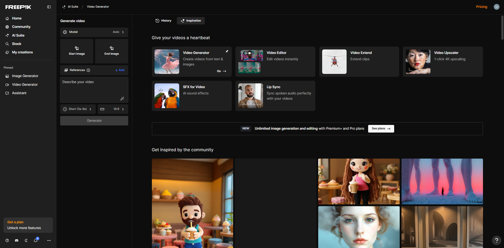 Opening the Freepik AI video generator