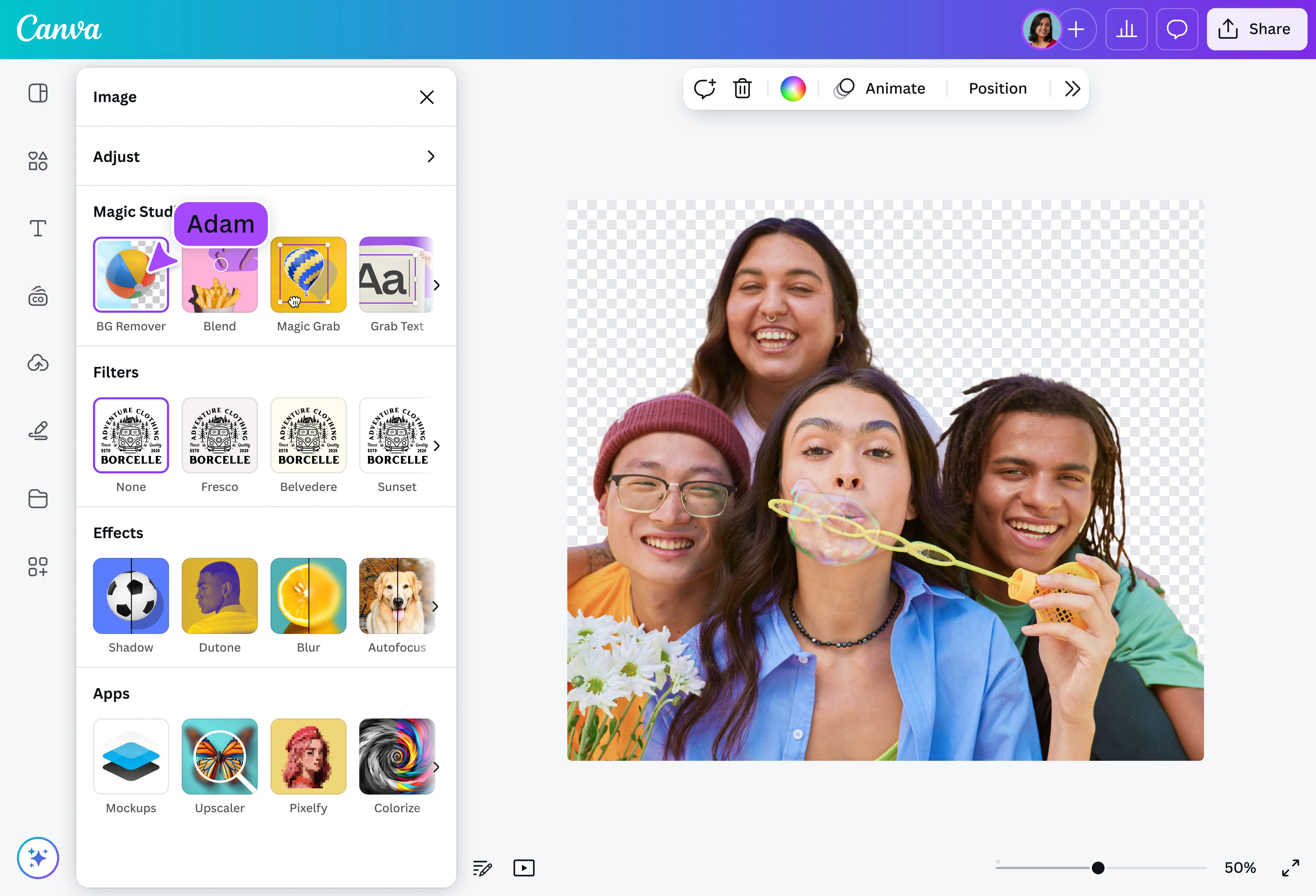 Schnittstelle von Canva - ein Online-Fotohintergrund-Editor