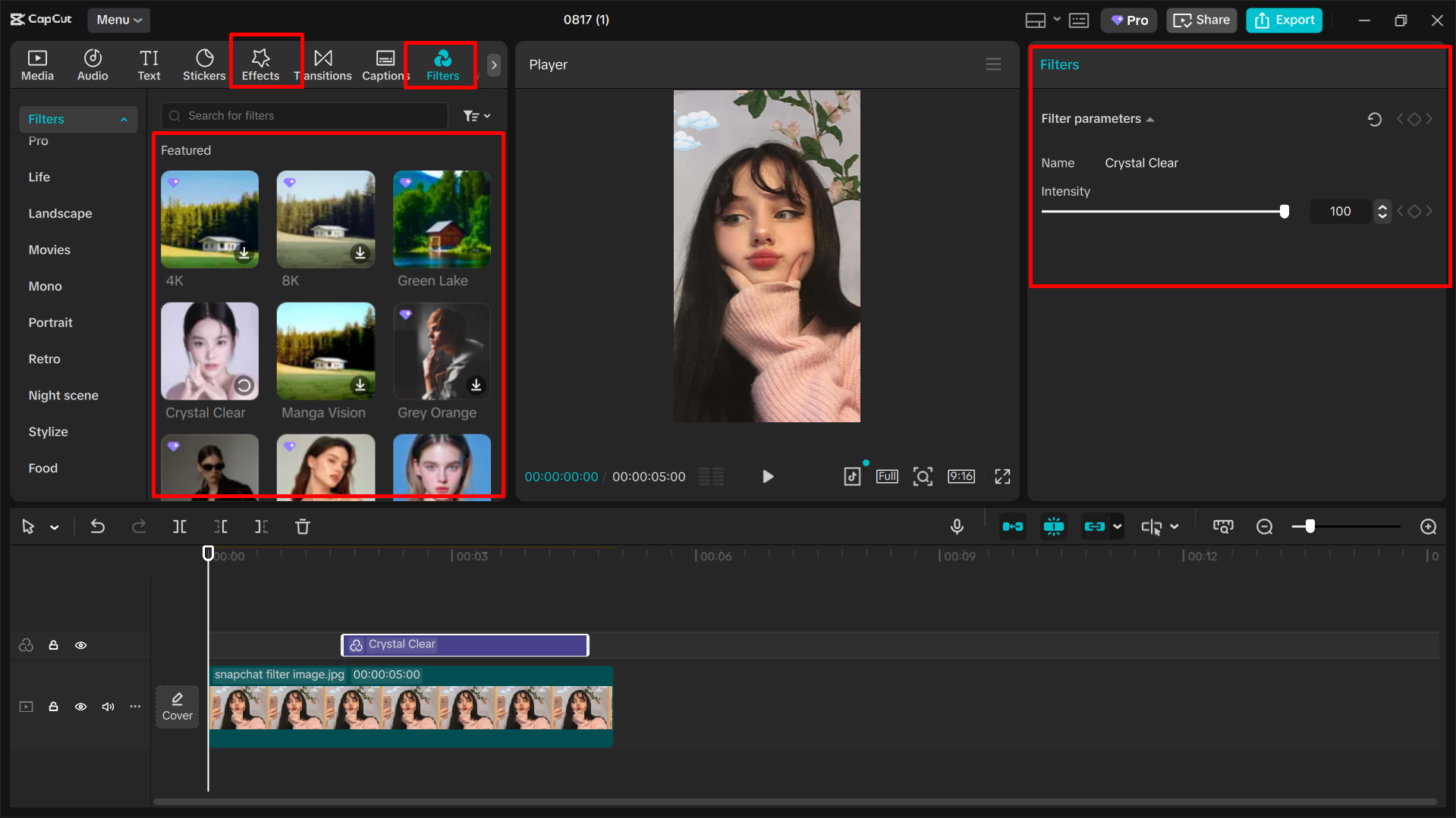 Dodawanie filtrów i efektów do wideo w edytorze wideo CapCt dla komputerów stacjonarnych