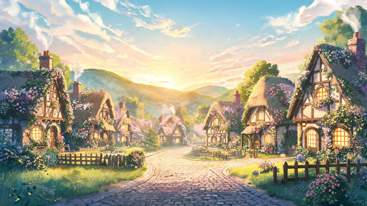 Village fantastique au lever du soleil