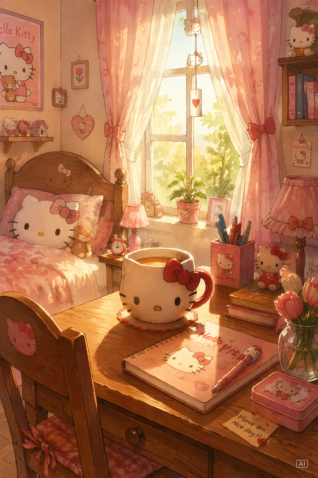 Cozy Hello Kitty vertical bedroom wallpaper generated by Pippit