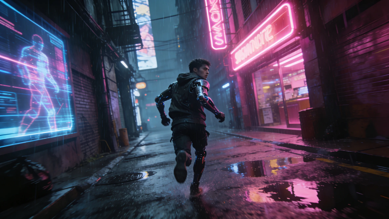 Cyberpunk action-thriller short clip visual