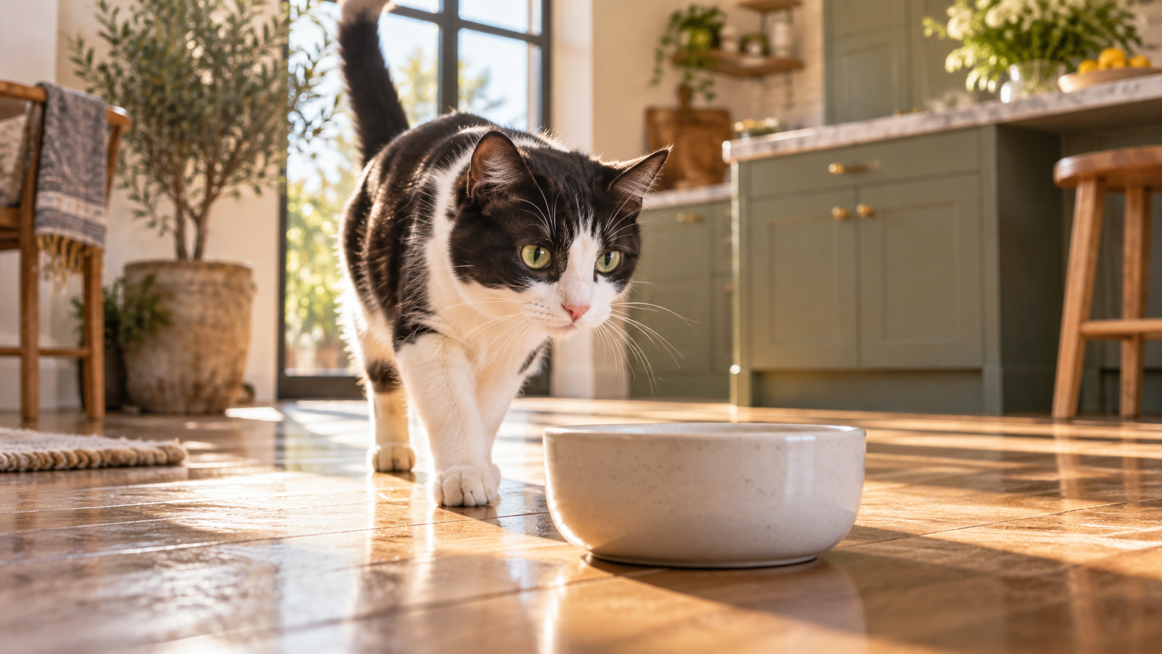 black-and-white cat commercial: Morning Walk to a Ceramic Bowl