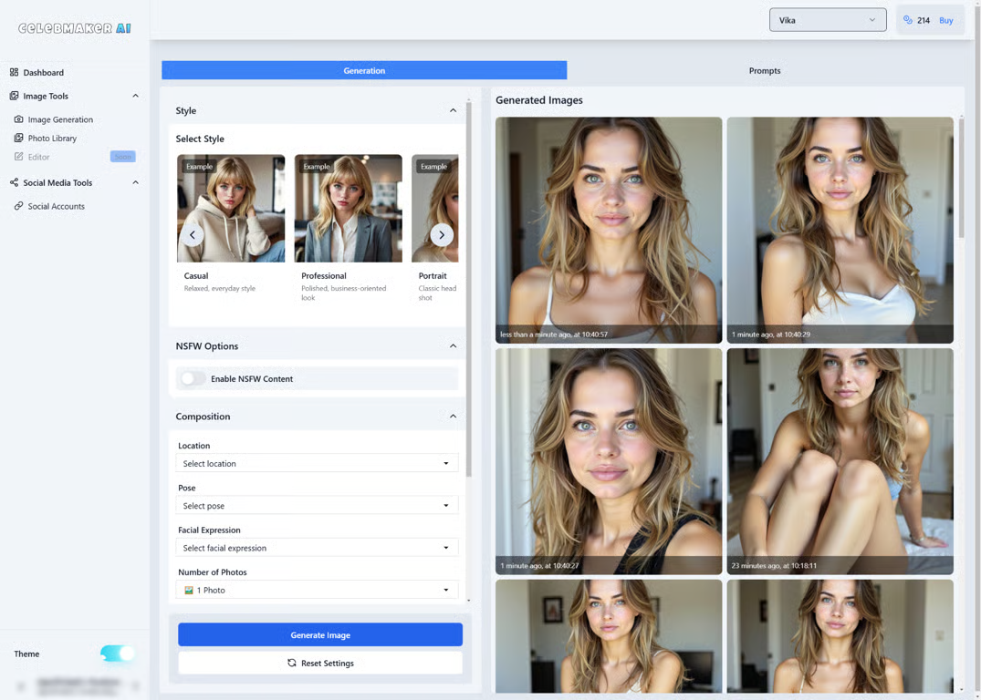 Interfața CelebMakerAI - un alt generator de influență AI