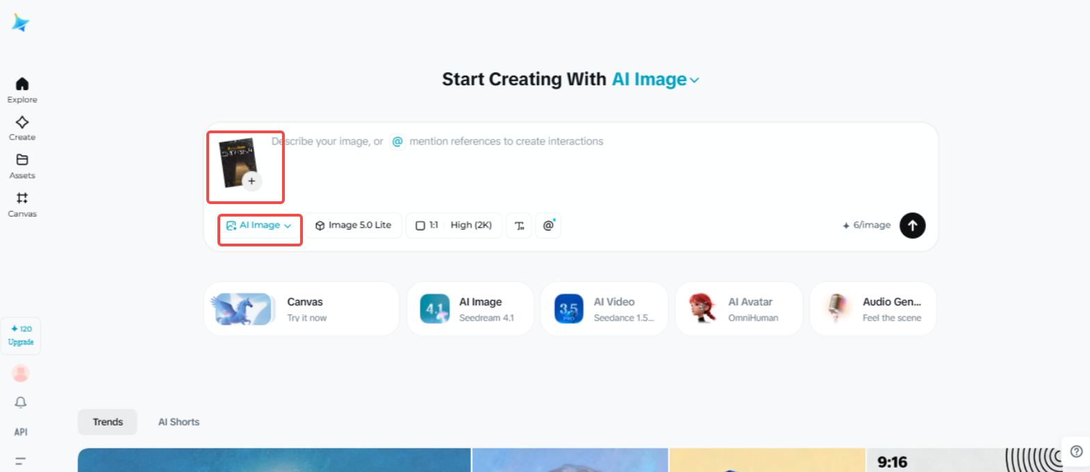 Dreamina 'daki "AI Image" özelliğine erişme