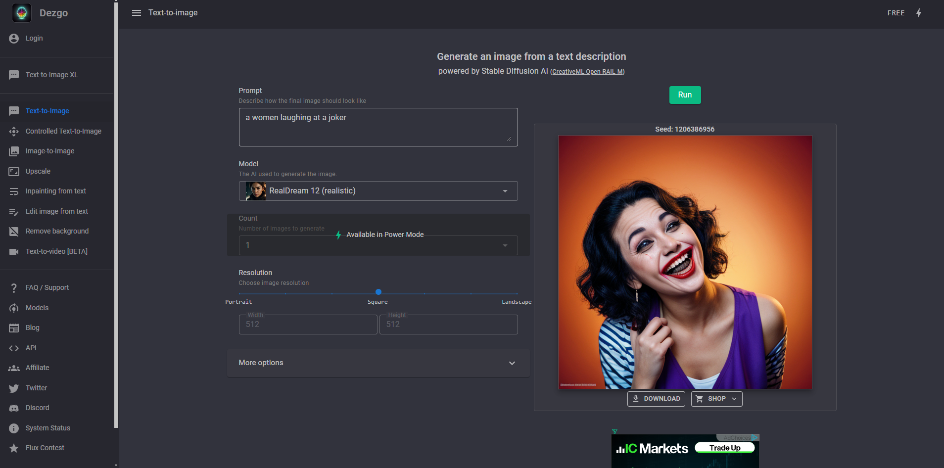 Interface de Dezgo - un générateur d'images IA en ligne gratuit bien connu