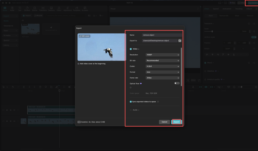 CapCut desktop export dialog appears over a preview containing one bird against a blue sky