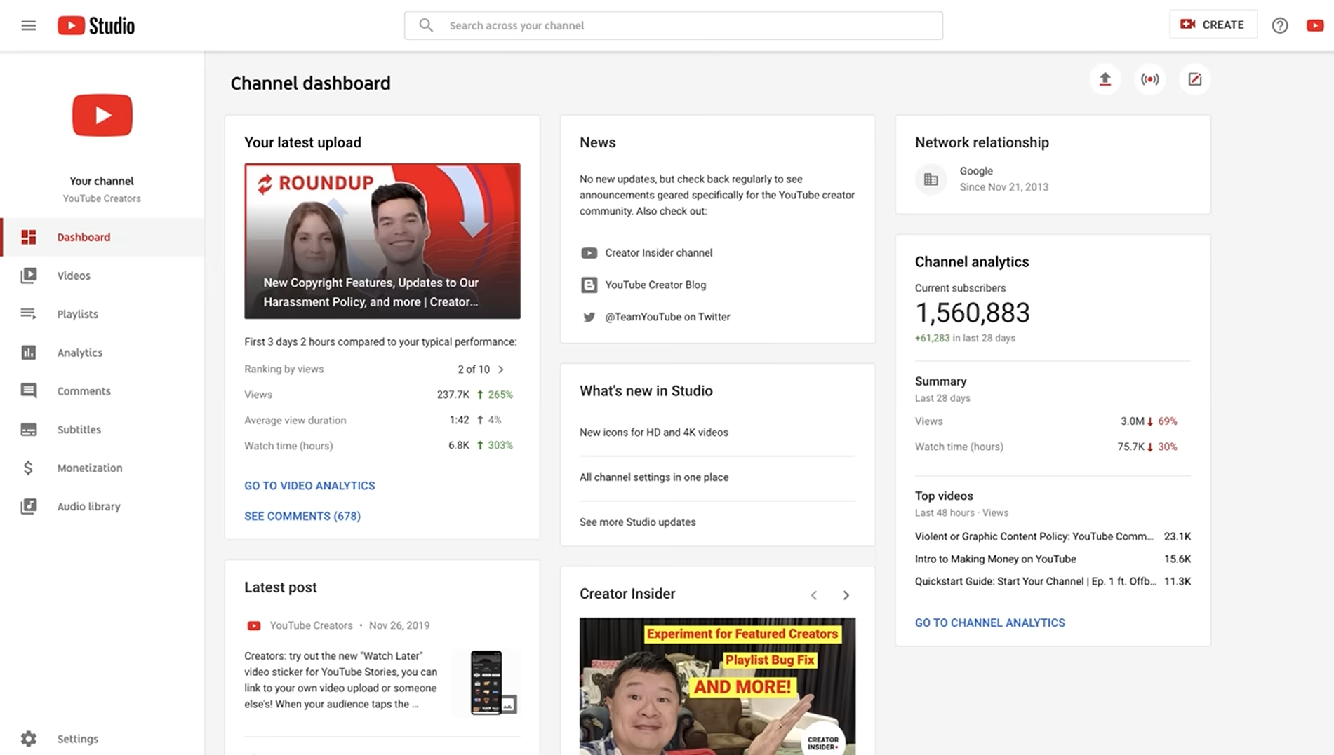 Tableau de bord YouTube Studio