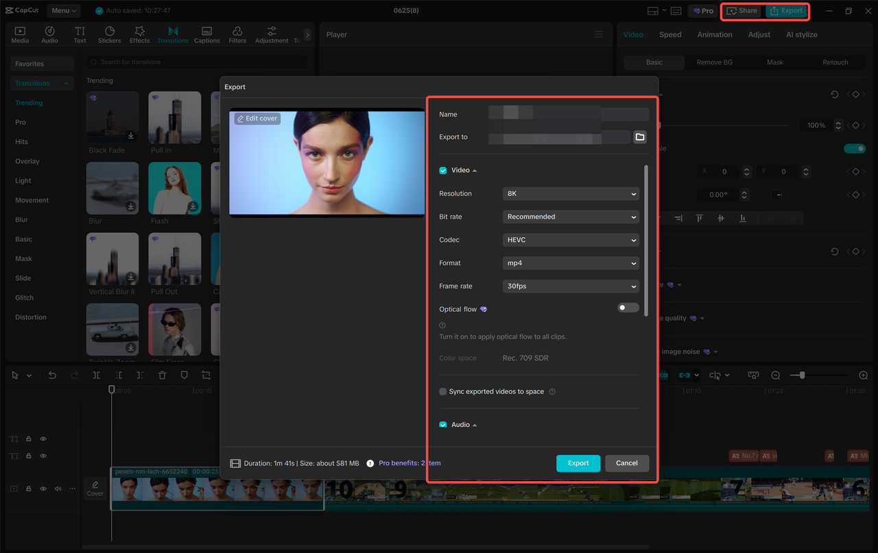 CapCut export dialog listing filename, 8K resolution, bit rate, HEVC codec, MP4 format, and 30 fps