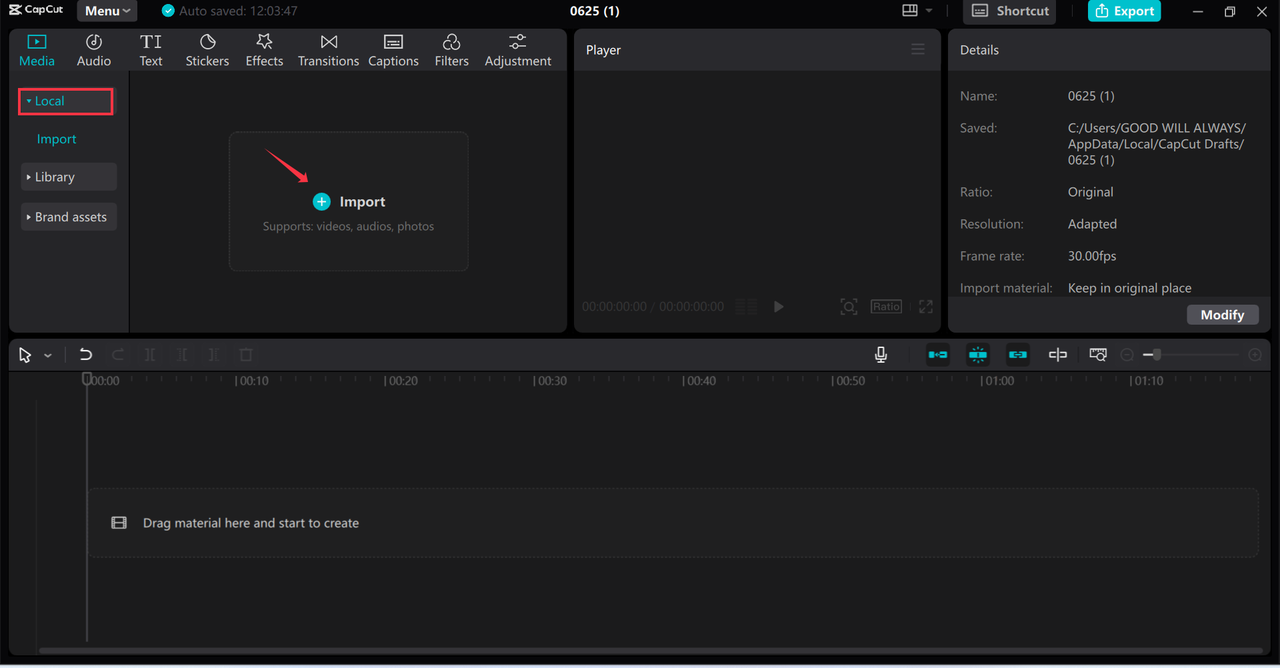 Importing video for cinematic color grading in the CapCut desktop video editor