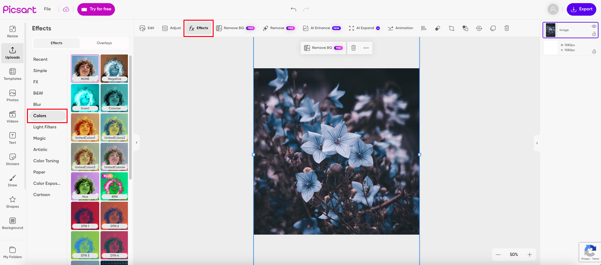 Klicken Sie auf "Effekte" und dann auf "Farben", um das Foto von AI neu zu färben