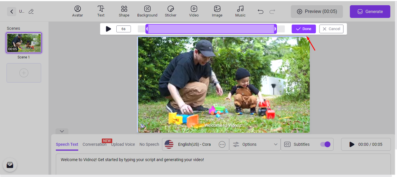 Speech text editor showing a family scene together with subtitle and voice controls
