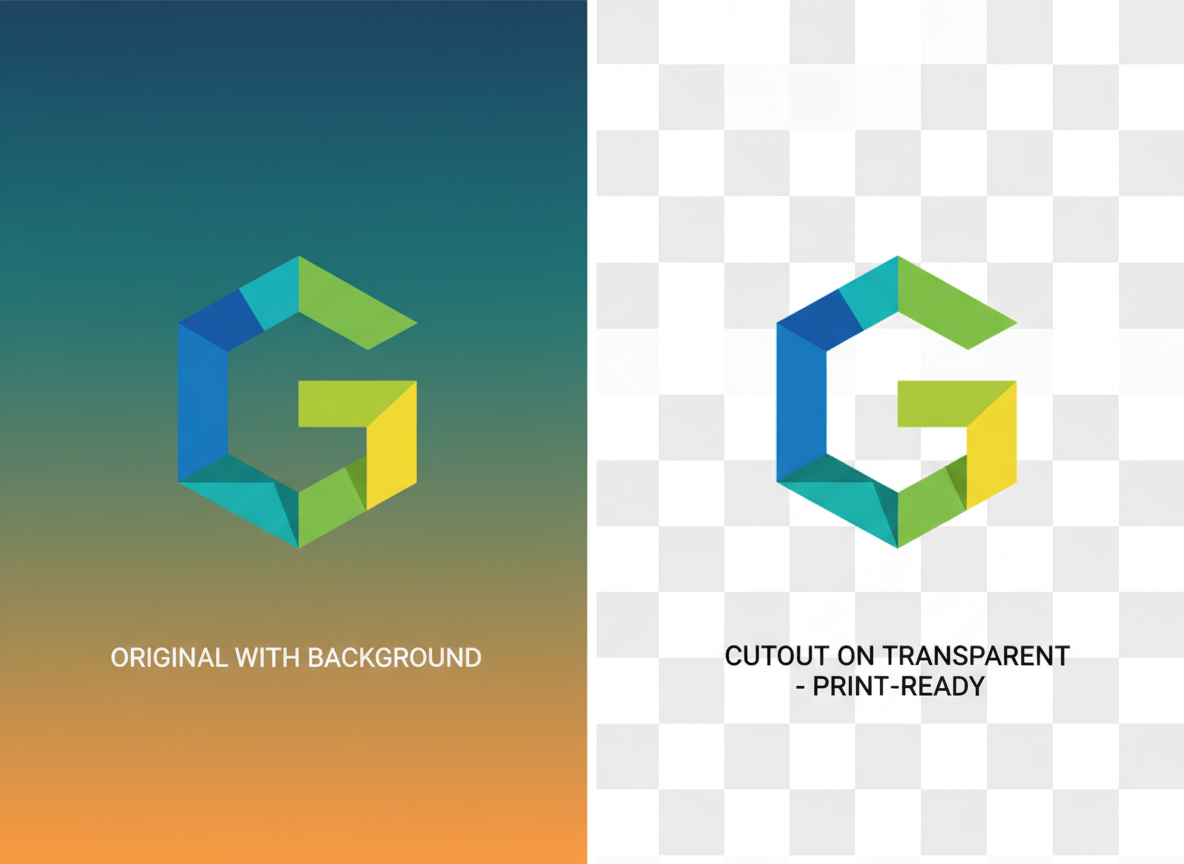 Before-after comparison: geometric logo on color background vs clean transparent PNG cutout with sharp edges.