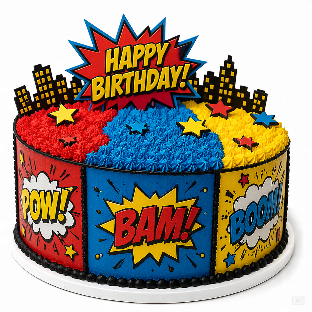 Superhero comic-style birthday cake generated by Pippit