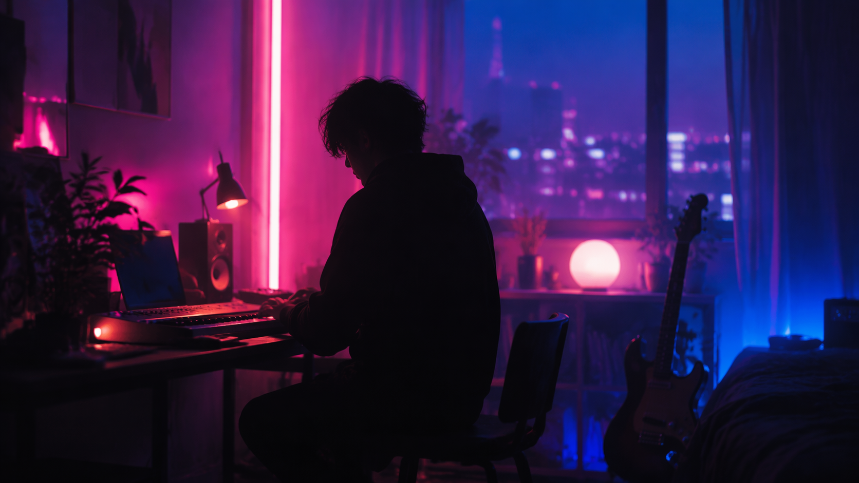 Dreamina Aesthetic Spotify Background Photo Prompt prompt example 3: Soft Neon Room Scene