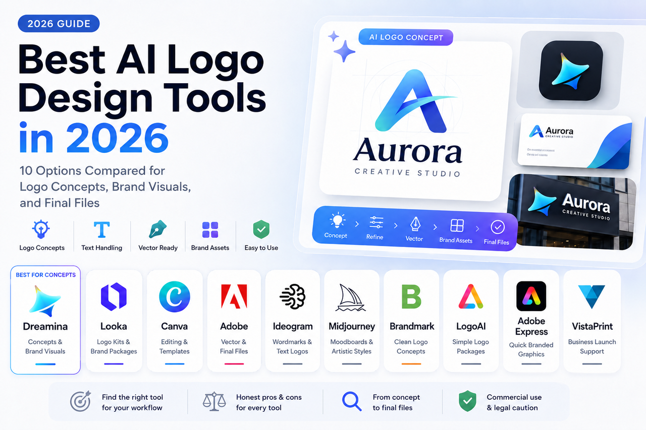 I migliori strumenti di progettazione del logo AI confrontati per fase del flusso di lavoro tra cui Dreamina, Looka, Canva, Adobe, Ideogram e Midjourney
