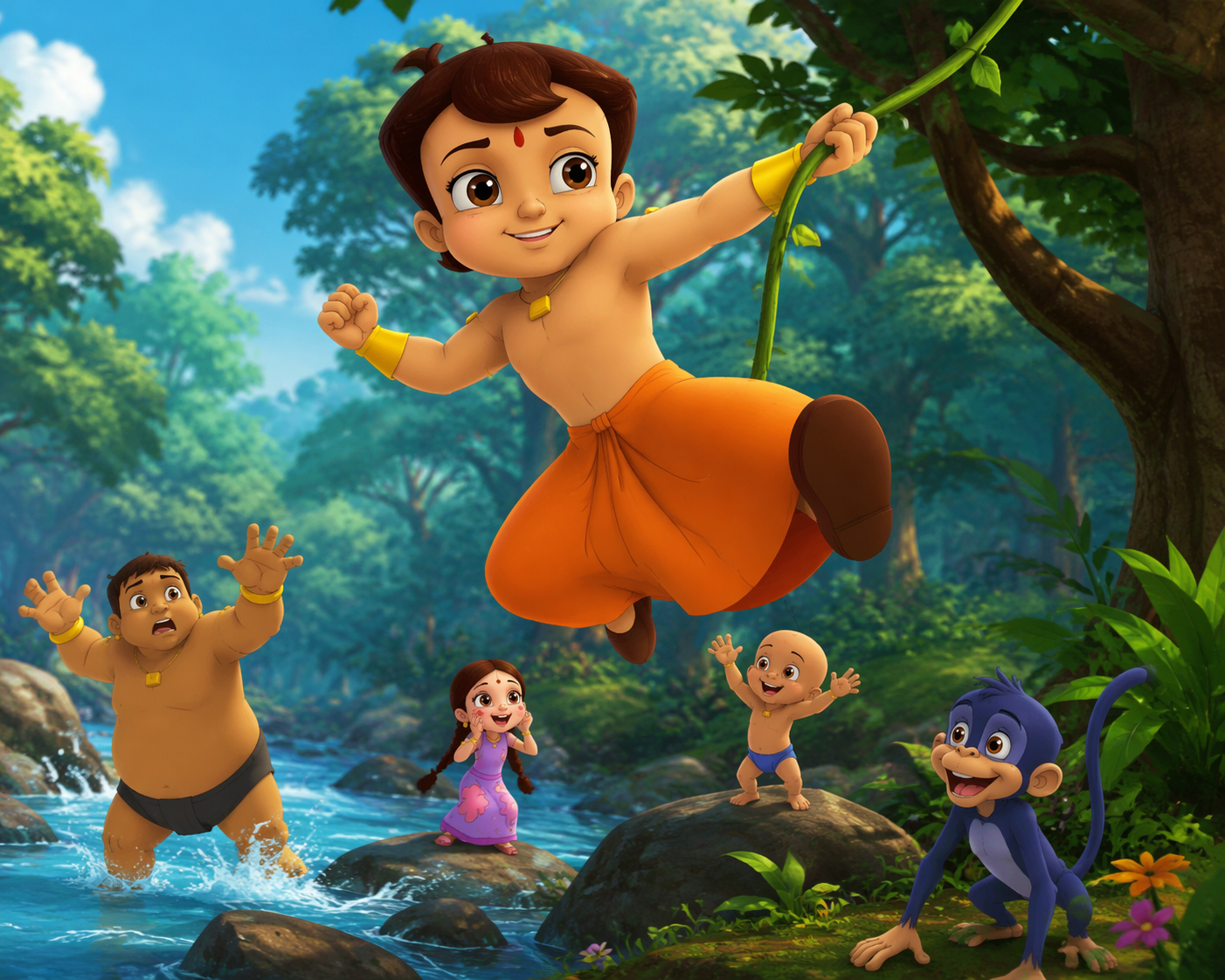 Dreamina Chota Bheem Raju AI contoh prompt video 2: Adegan Chase yang Menyenangkan