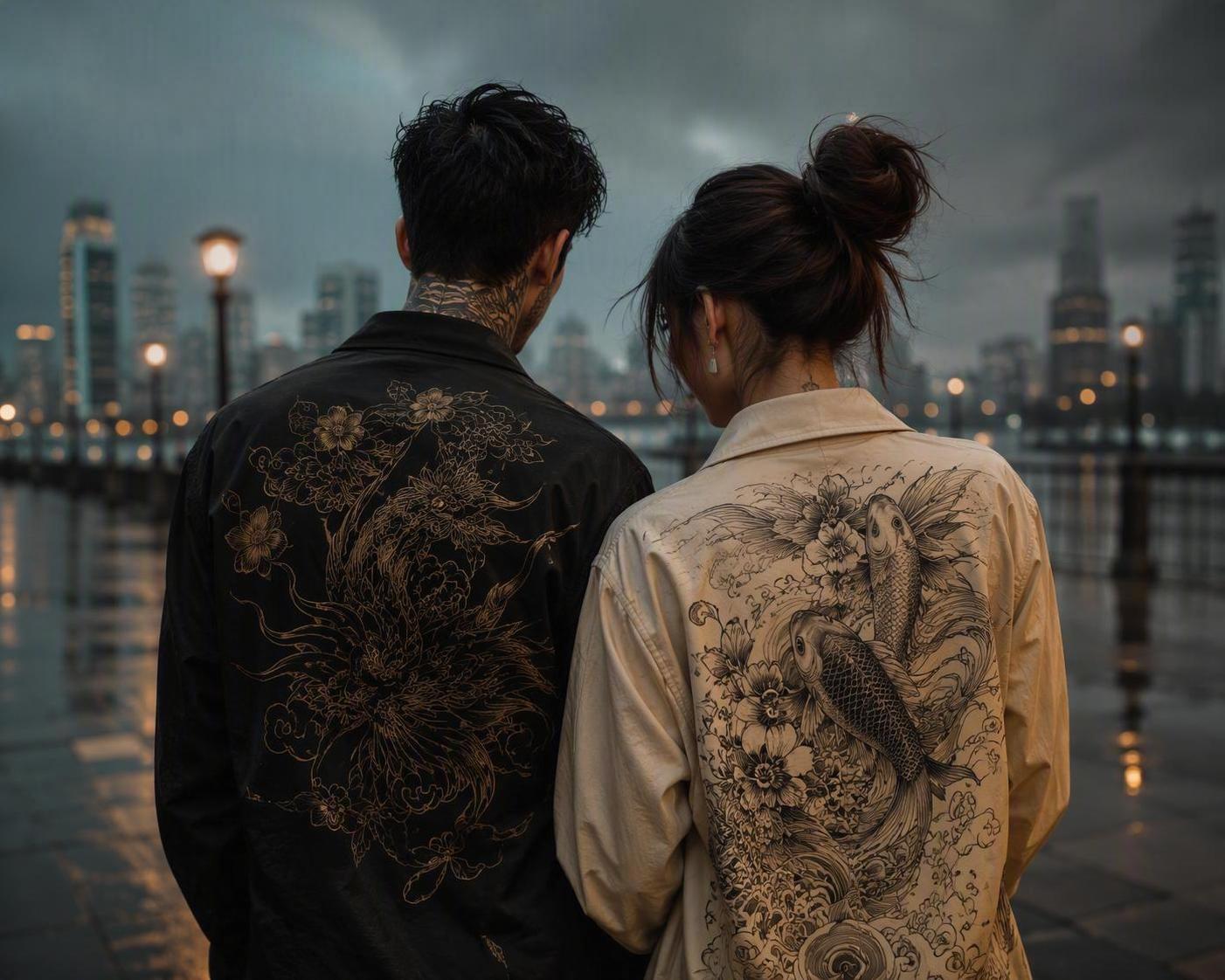 AI Tattooed Couple Portrait auf dem Rücken Trend Held visuell 3