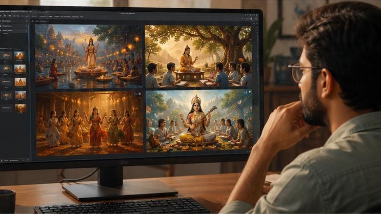 Golden-hour beach portrait of a fictional adult South Asian cultural AI prompt creation