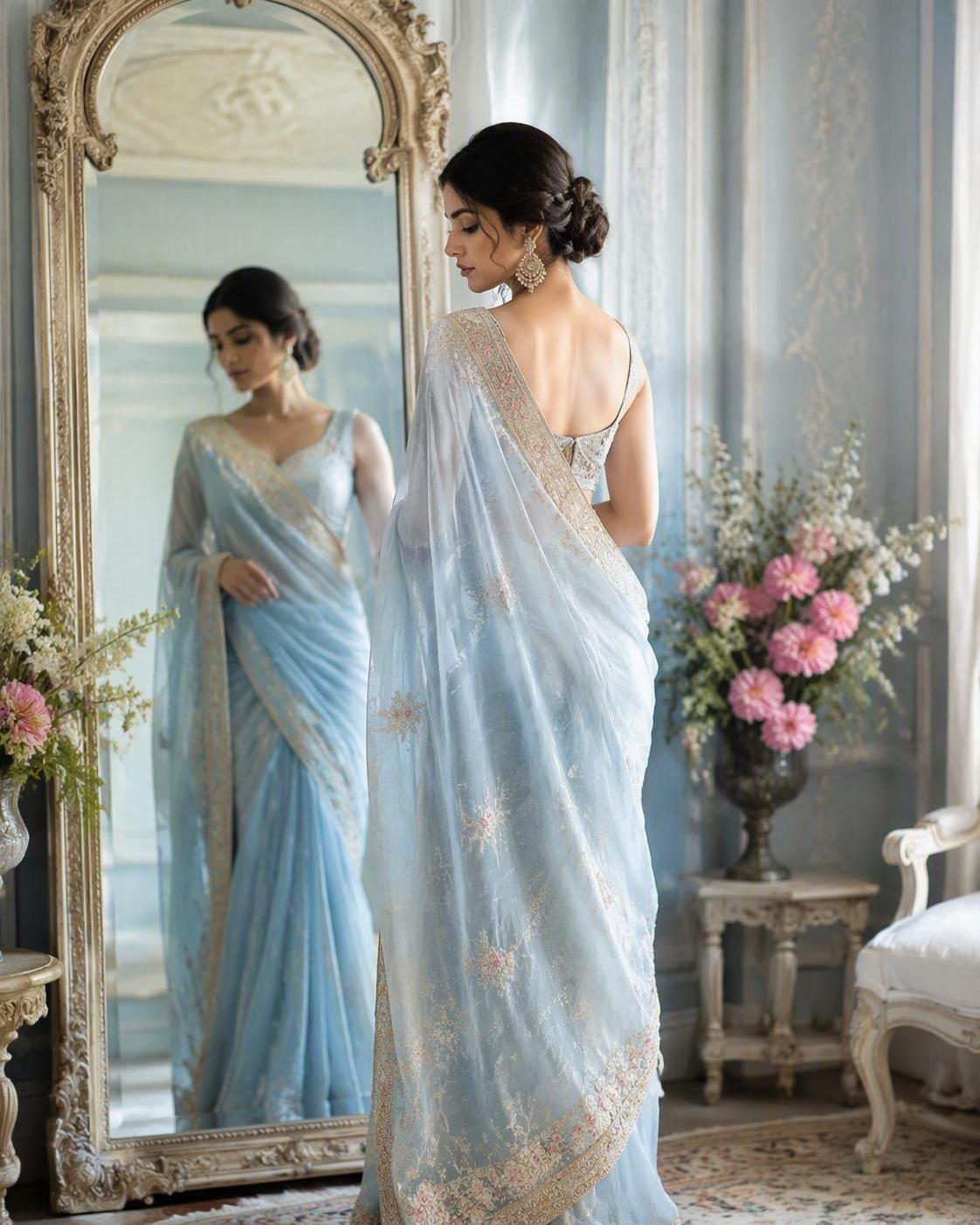 AI Pastell Blau Saree Spiegel Held visuell 3