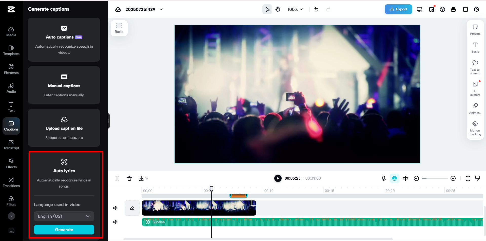 Testi delle canzoni generati automaticamente nell'editor video online di CapCut