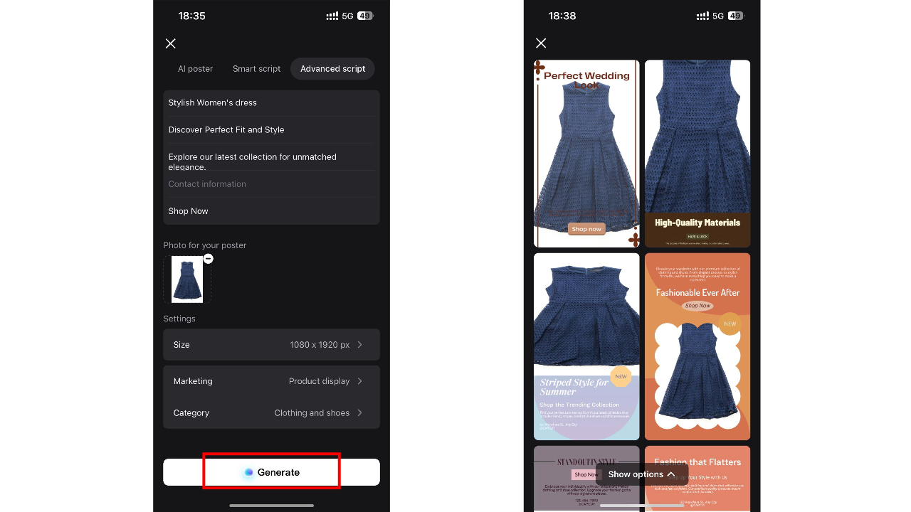 Advanced script customization panel showing size, headings, and layout controls.