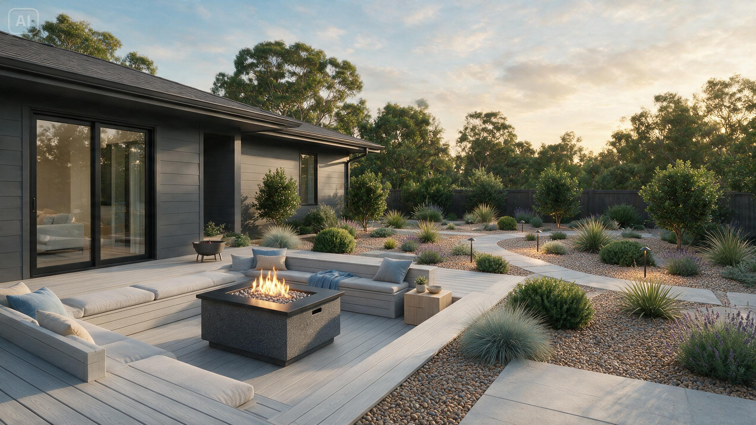 Prompt for a low-maintenance backyard with a fire pit and deck for AI Backyard Design Creator: Plan Gardens, Patios, Pools, and More