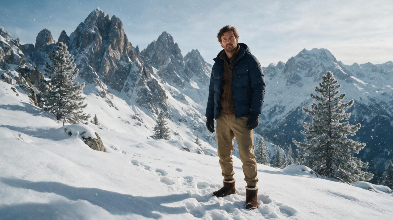 Invite pour l'homme explorant une montagne enneigée