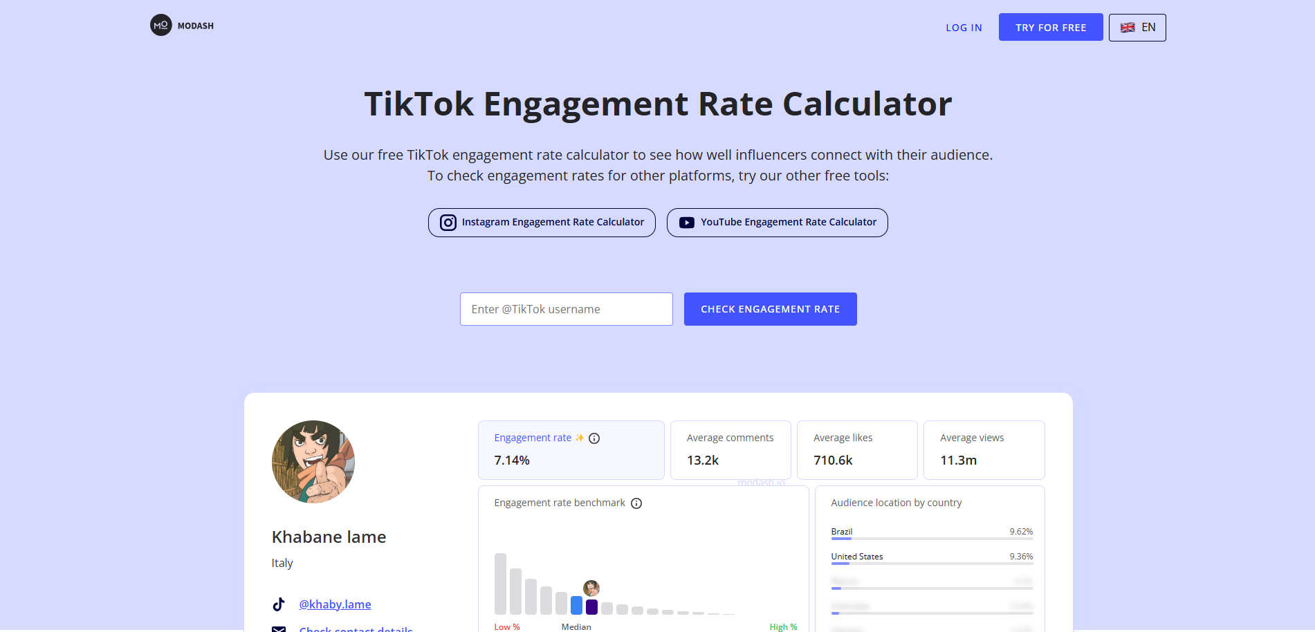 อินเทอร์เฟซของ Modash - วิธีที่รวดเร็วในการวัดอัตราการมีส่วนร่วมของ TikTok