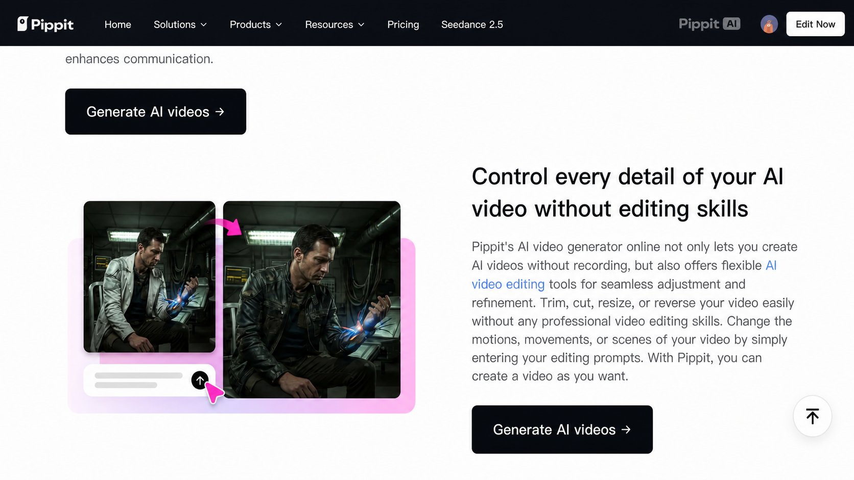 AI video generator page showing before-and-after video frames and a Generate AI videos button