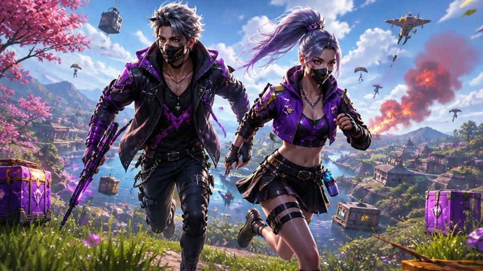 Gemini Free Fire Couple Prompts - skoordynowany portret pary z neonowym oświetleniem bitwy
