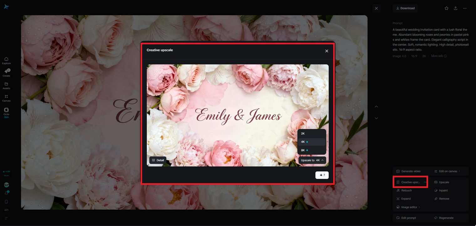 Creative upscale feature in Dreamina