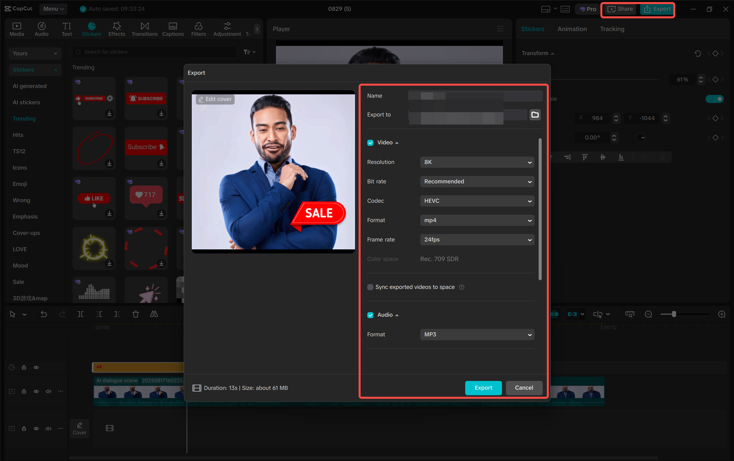 Esportazione della scena di dialogo dall' CapCut editor video desktop